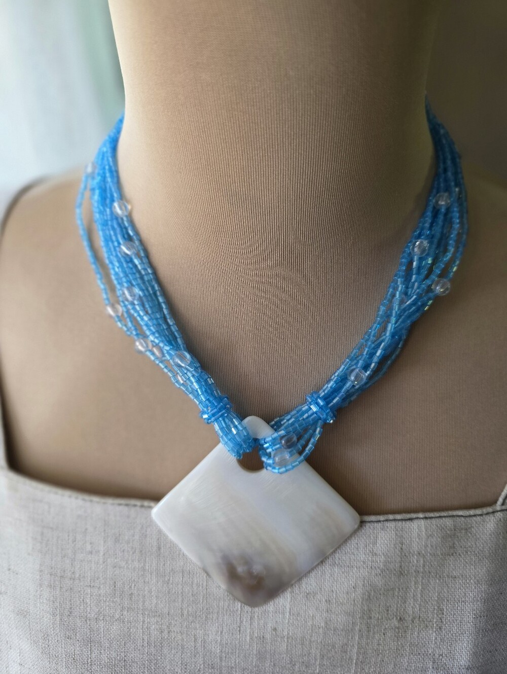 Vintage 22" Aqua Multi-Strand Beaded Necklace w/ 2" Square Abalone Shell Pendant - Picture 3 of 7